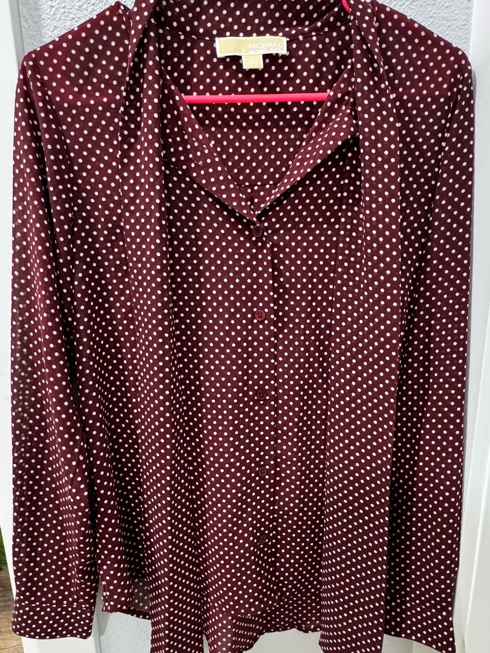 Michael Kors Burgundy and White Polka Dot Button-Down Shirt